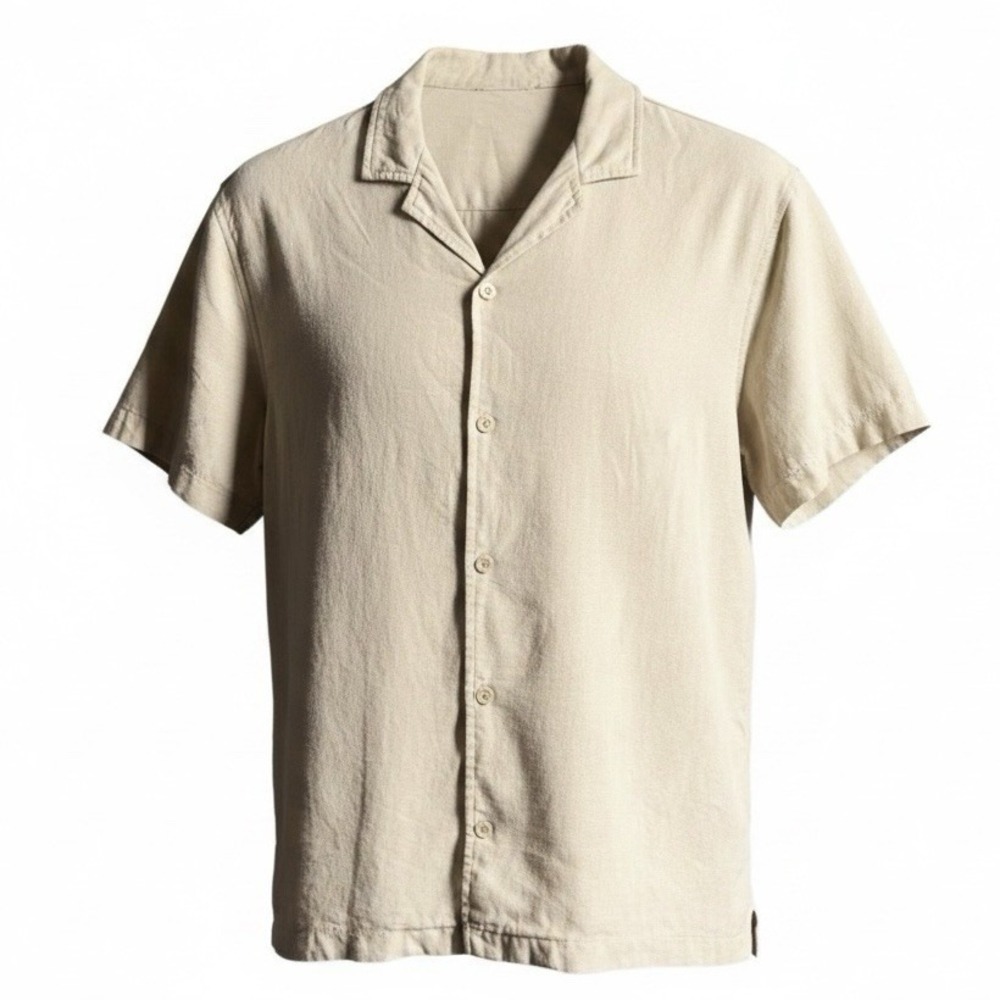 Beige Tan Linen Rayon Blend Camp Collar Shirt Resort Wear Cuban Collar Old Money